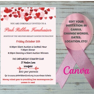 EDITABLE PINK RIBBON Fundraiser Template Invitation  | Instant Download | Breast Cancer Awareness Month  | Canva |  Charity Event |