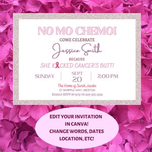 Editable CANCER FREE Party Invitation Template | No Mo Chemo | She Beat Cancer | Digital Download | Kick Cancer's Butt | Support