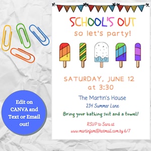 EDITABLE SUMMER Party Template |  School&#39;s Out | Party Invitation | Customize | Instant Download | Canva | Popsicles | Party | End of Year