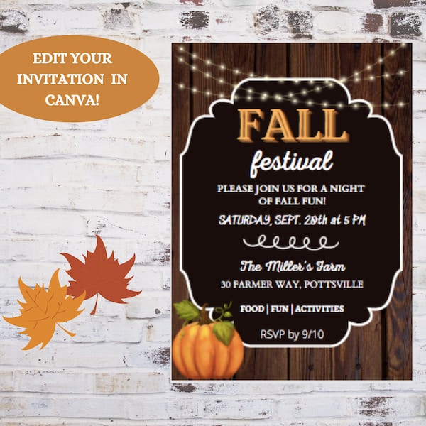 Editable FALL FESTIVAL Invitation Template | Fall Activities and Hayrides | Digital Download | Invitation Template | Canva | Pumpkin Party