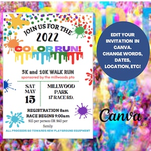 EDITABLE COLOR RUN Fundraiser Invite | Charity Run | Digital Download | Canva Editable | pto activities | School Events | 5K and 10K Race