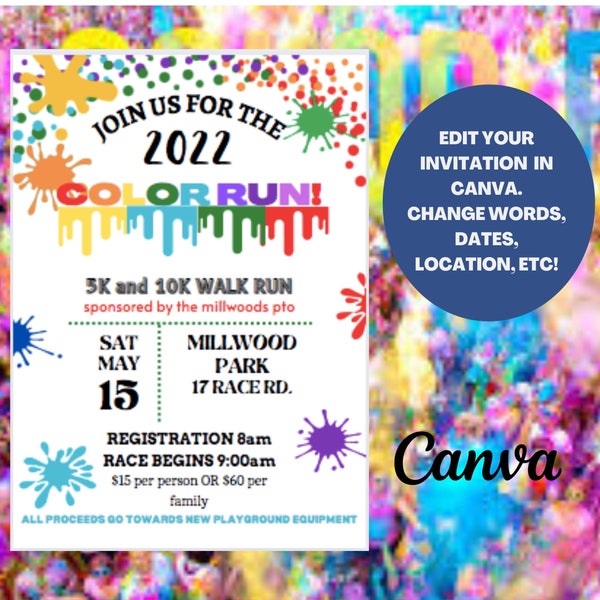 EDITABLE COLOR RUN Fundraiser Invite | Charity Run | Digital Download | Canva Editable | pto activities | School Events | 5K and 10K Race