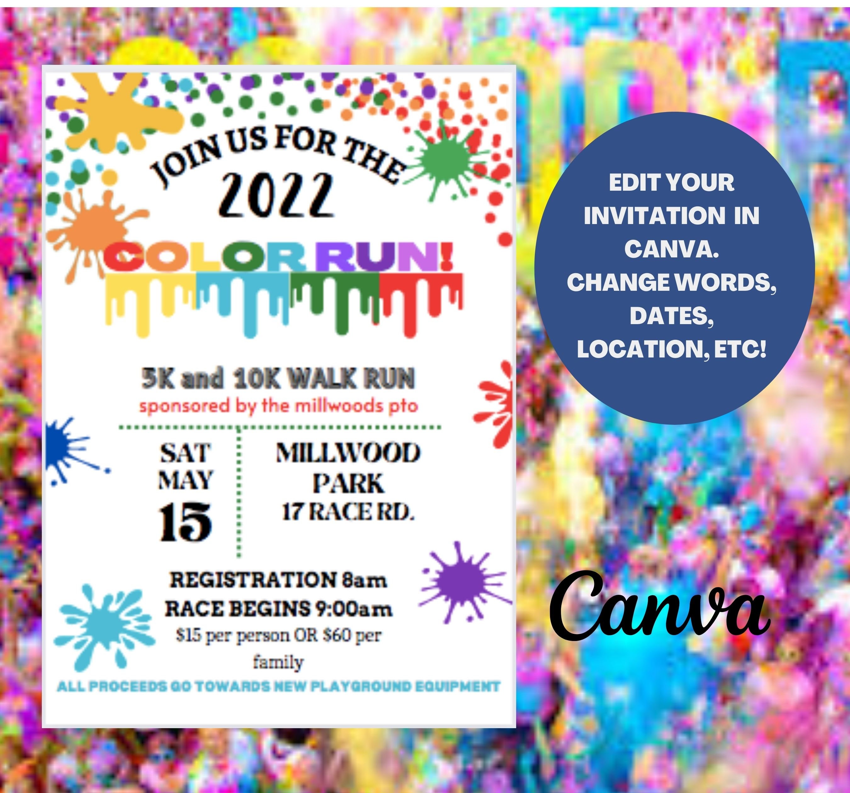 EDITABLE COLOR RUN Fundraiser Invite Charity Run Digital Download Canva