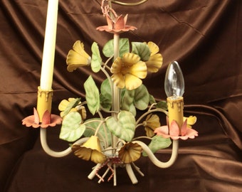 Small toleware chandelier with blue flowers Small toleware chandelier with blue flowers