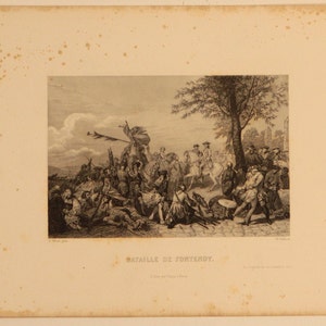 1800s French Antique Etching of "Bataille de Fontenoy" printed in Paris on hand made paper. Width 7.5 in Height 10.5 in. Free Shipping