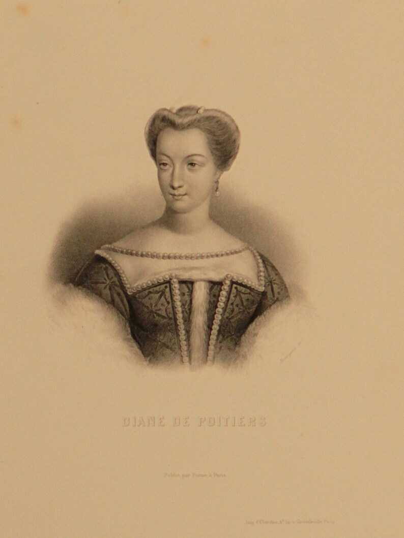 1800s French Antique Etching of Diane de Poitiers printed in Paris on hand made paper Free Shipping Width 7.5 in Height 10.5 in