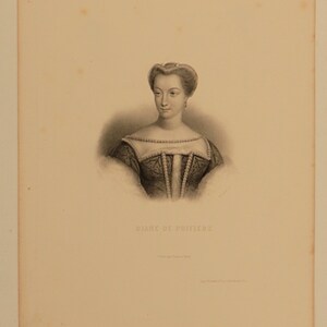 1800s French Antique Etching of "Diane de Poitiers" printed in Paris on hand made paper. Width 7.5 in Height 10.5 in. Free Shipping