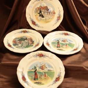 French Antique set of 4 Collectible Obernai Sarreguemines faience porcelain salad plates by H. Loux French Village 1920&#39;s **Free shipping