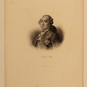 1800s French Antique Etching of "Louis XVl" engraved, printed on hand made paper. W 7.5 in H 10.5 in Free shipping