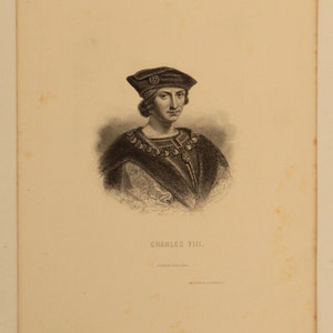 1800s French Antique Etching of "Charles VIII" printed in Paris on hand made paper. Width 7.5 in Height 10.5 in. Free Shipping