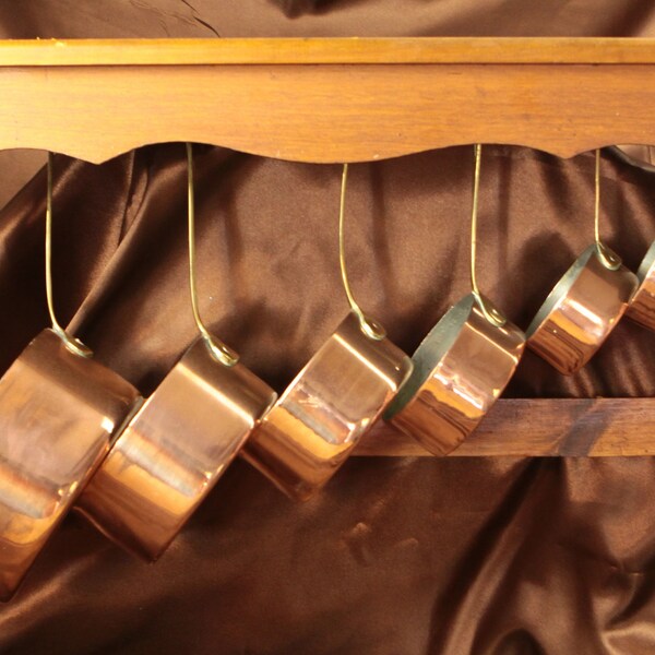 Set of Six, Lined Copper Pot set with Brass handles for cooking or decor with display shelf. Great for the Country Kitchen ***Free Shipping
