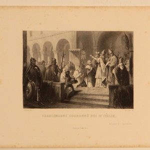 1800s French Antique Etching of "Charlemagne Couronne d'Italie" printed in Paris on hand made paper. W 7.5 in H 10.5 in. Free Shipping