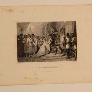 1800s French Antique Etching of "Les Bourgeois de Calais" printed in Paris on hand made paper. Width 7.5 in Height 10.5 in. Free Shipping