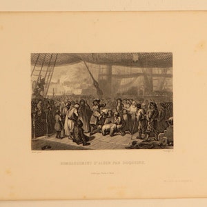 Antica incisione francese del 1800 di "Bombardement d'Alger Par DuQuesne" incisa, stampata su carta fatta a mano. L 7,5 in H 10,5 in Spedizione gratuita