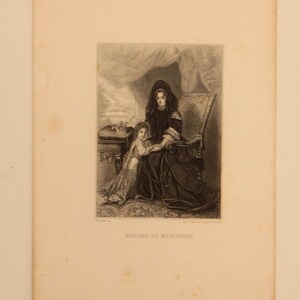 1800s French Antique Etching of Madame de Maintenon printed in Paris on hand made paper from a famous painting. Width 7.5 in, Height 10.5 in