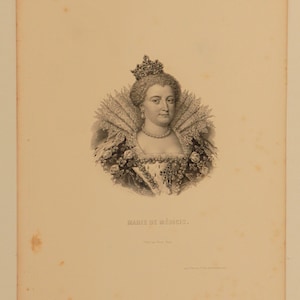 Antica acquaforte francese del 1800 di "Marie de Medicis" stampata a Parigi su carta fatta a mano. Larghezza 7.5 in Altezza 10.5 in. Spedizione gratuita