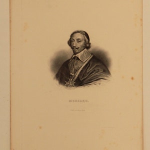 1800s French Antique Etching of "Richelieu" printed in Paris on hand made paper. Width 7.5 in Height 10.5 in. Free Shipping