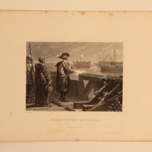 1800s French Antique Etching of "Richelieu devant La Rochelle" printed in Paris on hand made paper. W 7.5 in H 10.5 in. Free Shipping