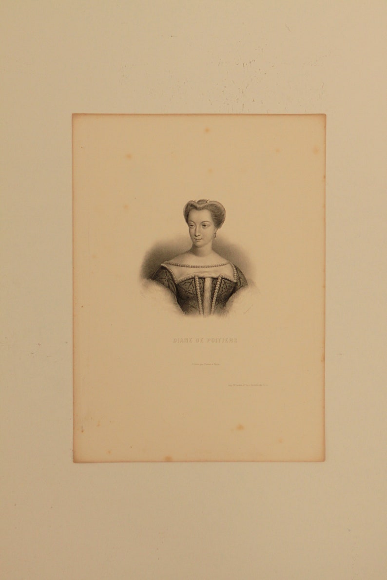1800s French Antique Etching of Diane de Poitiers printed in Paris on hand made paper Free Shipping Width 7.5 in Height 10.5 in
