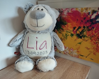 Teddy grau Personalisiertes Kuscheltier individuell mit Name, Daten bestickt