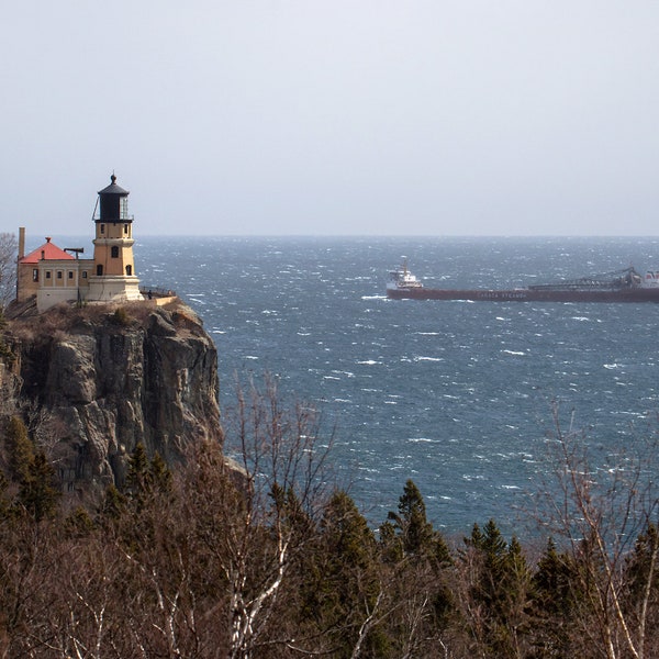 Ship Passing Split Rock Lighthouse,Great Lakes Lighthouse Photo,Coastal Photography,Lighthouse Wall Art,North Shore Photography,Up North