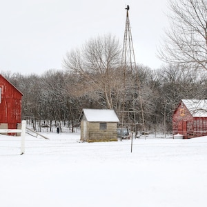 Quilted red barn with windmill in snow | Modern farmhouse decor | Rustic barn in winter | Rural wall art | Barn | Custom photos and canvases