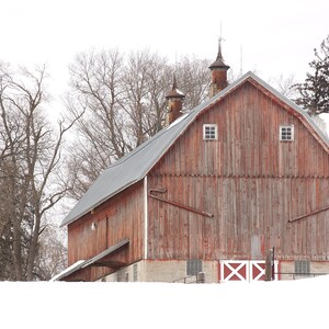 Red barn and silo in snow | Modern farmhouse home decor | Rustic barn in winter | Rural wall art | Barns | Custom photos and canvases