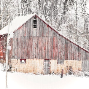 Red weathered barn in snow | Modern farmhouse home decor | Rustic barn in winter | Rural wall art | Barns | Custom photos and canvases