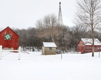 Red Barn Winter Photography Print | Rustic Farmhouse Wall Art
