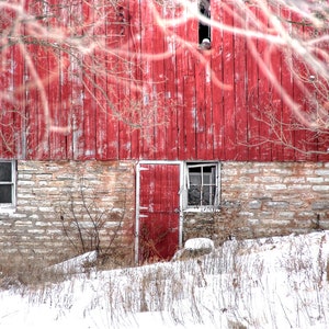 Red barn door in snow | Modern farmhouse decor | Rustic barn in winter | Rural wall art | Barns in snow | Custom photos and canvases