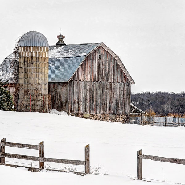 Barn in Winter Photo, Country Landscape Photo, Rustic Winter Barn Picture, Rustic Wall Art, Barn Photography, Farm Canvas, Farmhouse Decor