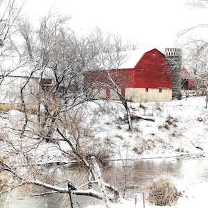 Red barn in snow by river | Modern farmhouse decor | Rustic barn in winter | Rural wall art | Barns in snow | Custom photos and canvases