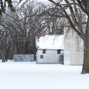 Metal barn and silo in snow | Modern farmhouse home decor | Rustic barn in winter | Rural wall art | Barns | Custom photos and canvases