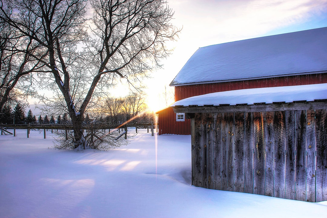 Red Barn Winter Sunset Photo | Rural Farmhouse Wall Art - Etsy