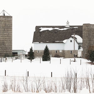 White barn and fence line in snow | Modern farmhouse decor | Rustic barn in winter | Rural art | Barns in snow | Custom photos and canvases