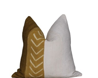 Authentic Mustard And White Mud Cloth Throw Pillow Cover/ Mudcloth Cushion /Bogolan Pillow Case/ African Mudcloth Pillow Cover