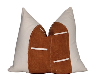 Decorative Authentic African  Rust/Orange MudCloth w/Off White Denim Throw Pillow Cover/ Bogolan Mudcloth Cushion/ Boho Style Pillow Case