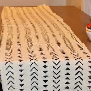 Authentic White/Black Mudcloth Table Runner African Bogolan Fabric Boho Decor Rustic Table Decor