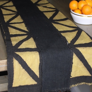 Authentic Mustard And Black Mudcloth Table Runner African Bogolan Fabric Boho Decor Rustic Table Decor