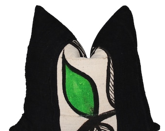 Authentic Black/Off White W/Green Mud Cloth Throw  Pillow Cover/ MudCloth  Cushion / Bogolan Pillow Case/ African Mudcloth Pillow Cover