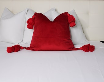 Red Velvet Pillow- Red Pillow Cover with Tassels-Pillow with Tassels -Red Pillow-Accent Pillow for Couch-Red Cushion Cover-Accent Pillow
