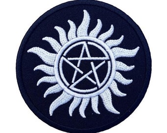 Écusson anti-possession noir surnaturel (3,5 pouces) brodé fer sur badge tatouage logo applique souvenir costume pentagramme emblème écusson