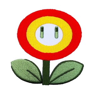 Könnte beinhalten: Eine rote und gelbe Blume mit einer weißen Mitte und zwei grünen Blättern. Die Mitte der Blume hat zwei schwarze Kreise.