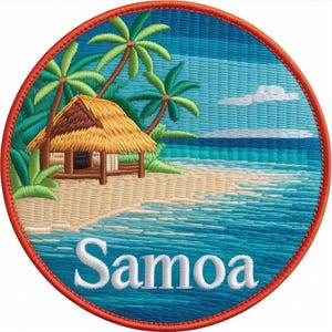May include: Embroidered patch featuring a tropical beach scene. A thatched-roof hut sits on a sandy shore with palm trees, and the word "Samoa" is embroidered in white. The patch has a red border and a blue ocean.