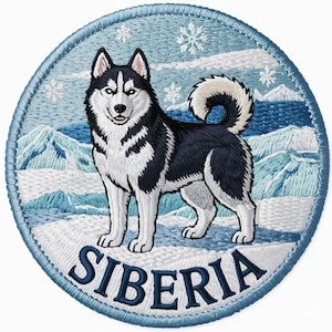 May include: Embroidered patch depicting a Siberian Husky in a snowy scene with mountains and snowflakes. The circular patch has a blue border and the word "SIBERIA" in blue lettering.