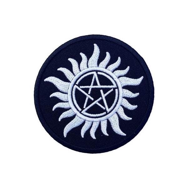 Supernatural Black Anti- Possession Patch (3.5 Inch) Embroidered Iron on Badge Tattoo Logo Applique Souvenir Costume Pentagram Emblem Crest