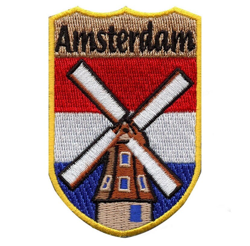 Amsterdam Patch (3 Inch) Iron or Sew-On Badge European Trekking Adventure Hiking Travel Windmill Holland Dutch Badges Backpack Gift Patches