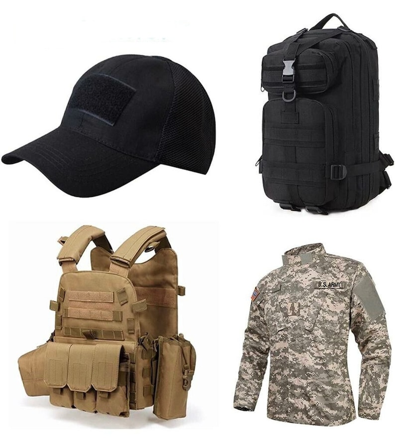 Peut inclure: Un ensemble d'&eacute;quipement tactique comprenant un sac &agrave; dos noir, une casquette de baseball noire avec un patch velcro, un gilet tactique beige avec plusieurs poches et une veste camouflage avec le texte "U.S. ARMY" sur la manche gauche.