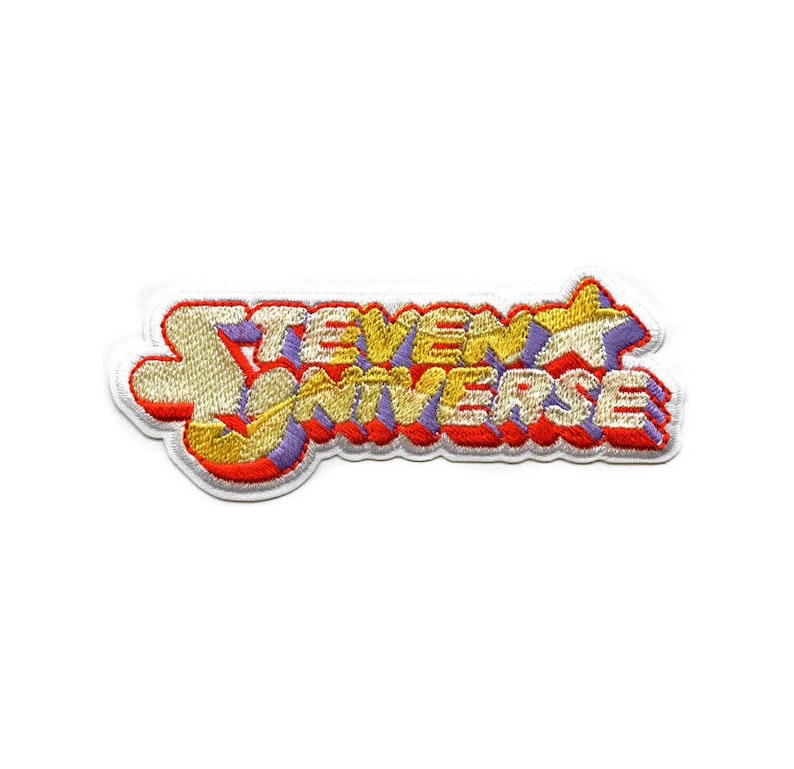 May include: A white embroidered patch with the words "Steven Universe" in a retro, colorful font. The letters are outlined in white and filled with shades of red, yellow, and purple.