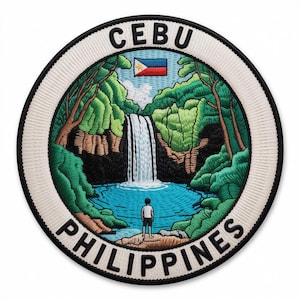 May include: Embroidered patch featuring a scenic view of a waterfall and a person in front of it, surrounded by lush green trees and a blue pool. The patch is circular, with the text "CEBU" at the top and "PHILIPPINES" at the bottom. The Philippine flag is also included.
